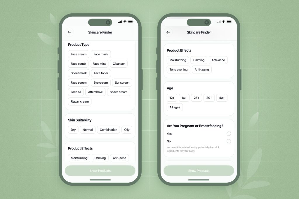Filters inside the Skincare Finder 